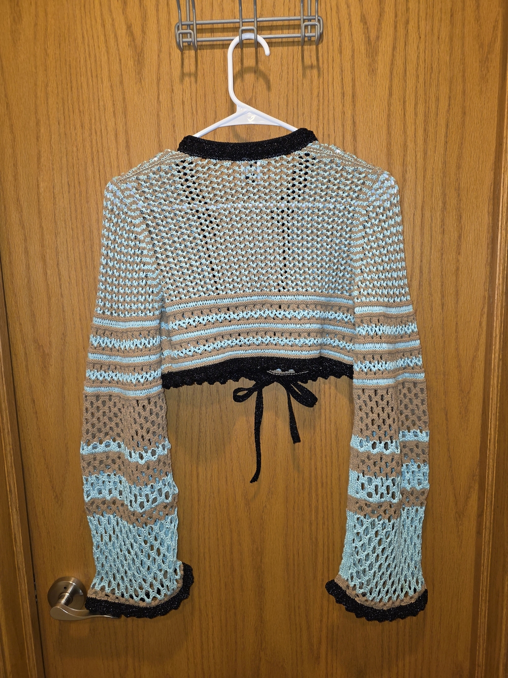 Vintage Missoni Cropped Open-Knit Tie-Front Sweater in Light Blue, Tan & Black - Picture 6 of 6